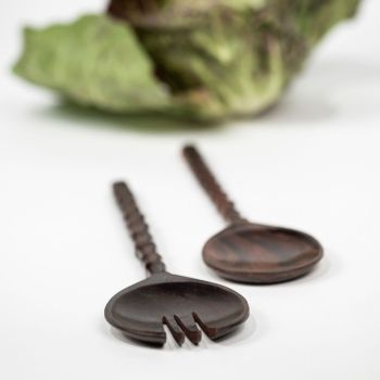 Couverts à salade en bois de rose et manches sculptés 31.5cm