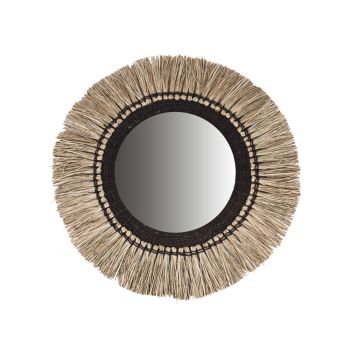 Grand miroir ethnique JAVA avec bordure tressée naturelle noire D120